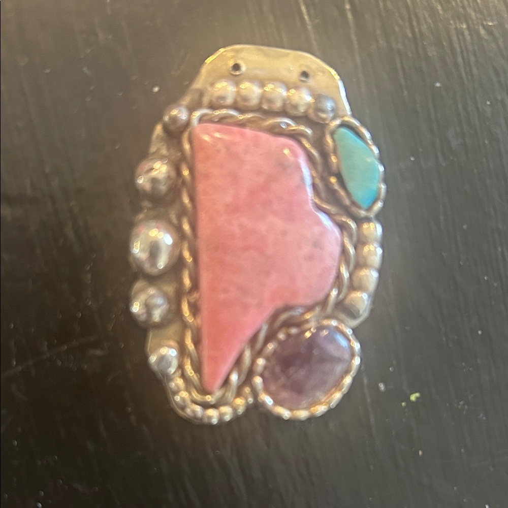 Handcrafted Pink Stone Sterling Ring with Turquoise and Amethyst Accents